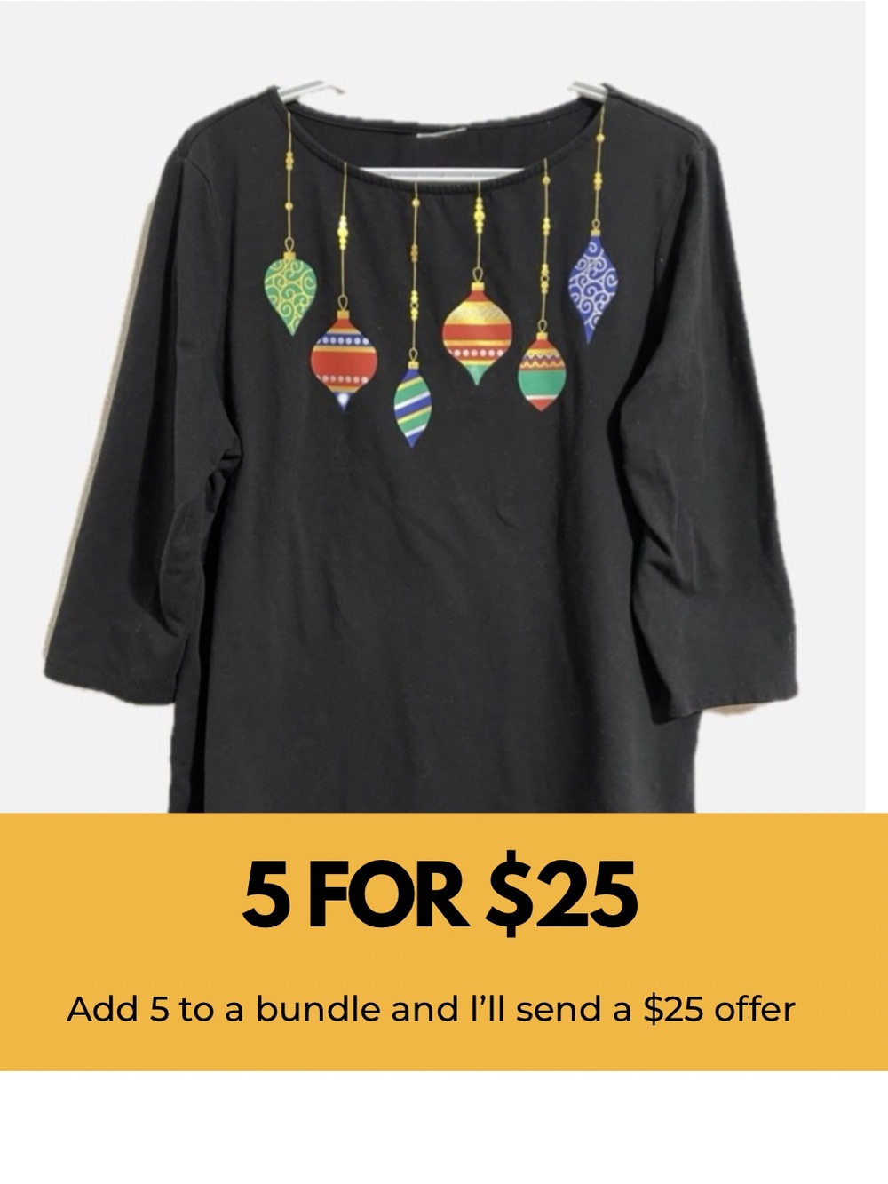 Ruby Rd. Black 3/4 sleeve tee with Festive Ornaments.